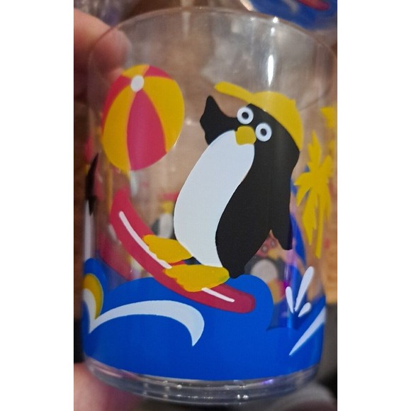 Vintage NIB 4 FUN  Penguin Beach Party POOL Home Style 14 OZ Acrylic Glass Cups - Picture 1 of 14